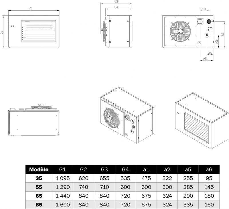 Dimensions aérotherme fioul AF (chauffage industriel) SPLUS